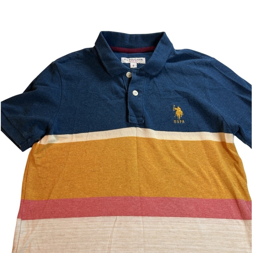 US Polo Assn Mens Small Colorblock Pique Polo Shirt Navy Yellow Striped USPA